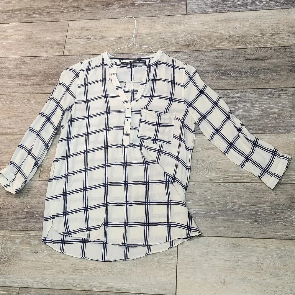 Zara Basic Womens Small White Navy Blue Grid Plaid 3/4 Sleeve Blouse Top